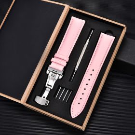 Unisex Double-sided Head Layer Cowhide Buckle Type Leather Watch Strap Bow Buckle Premium Needle Pattern (Option: Pink-Silver-16mm)