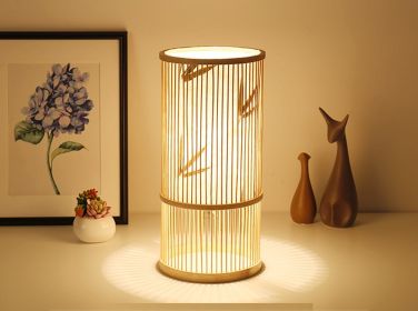 Tea Room Bamboo Woven Table Lamp Study Night Light Adjustable Light Warm Zen Bedside Lamp (Option: Bamboo leaf style large-Dimmer switch)