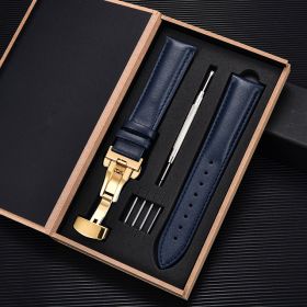 Unisex Double-sided Head Layer Cowhide Buckle Type Leather Watch Strap Bow Buckle Premium Needle Pattern (Option: Blue-Gold-16mm)