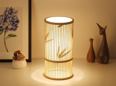 Tea Room Bamboo Woven Table Lamp Study Night Light Adjustable Light Warm Zen Bedside Lamp (Option: Bamboo leaf style trumpet-Push button switch)