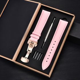 Unisex Double-sided Head Layer Cowhide Buckle Type Leather Watch Strap Bow Buckle Premium Needle Pattern (Option: Pink-Rose gold-22mm)